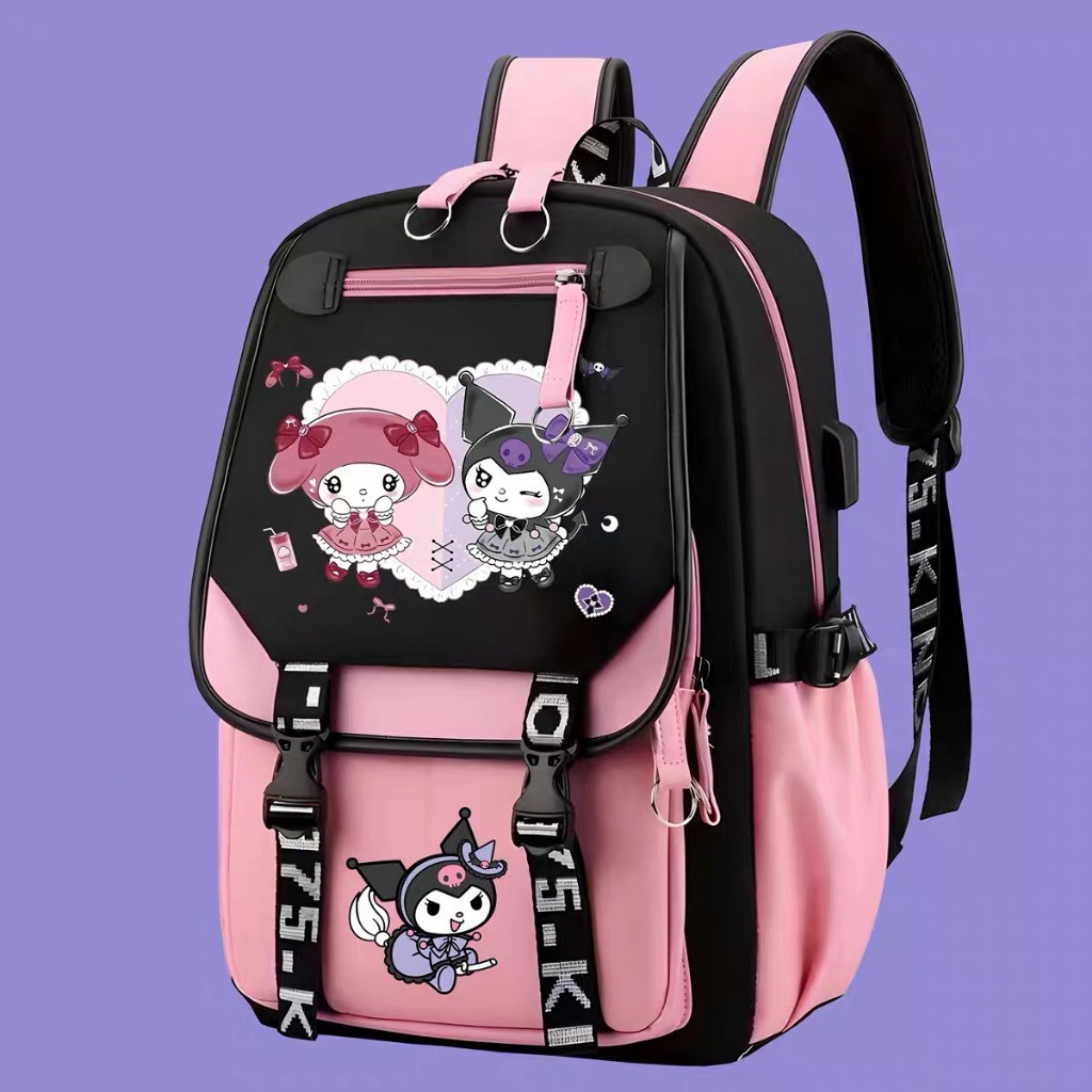 (tặng hộp ảnh) (đen hồng) Balo in hình SANRIO KUROMI CINNAMOROLL cặp sách nam nữ đi học đựng đồ dùng