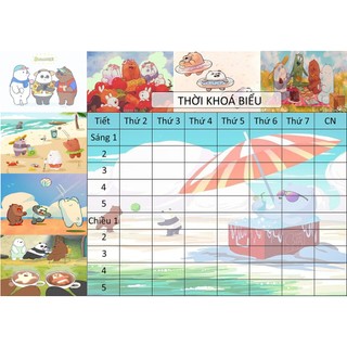combo 2 tờ Thời Khoá Biểu Bare bear ba anh em gấu TKB3 A5 dễ thương hoạt hình