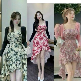  SÉT ĐẦM HOA 2 DÂY BÈO XẾP TẦNG  KÈM ÁO KHOÁC dạo phố cf hay hẹn hò đi biển siêu xinh có cúp ngực áo khoác ko sợ đen da 