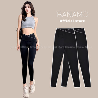 Quần legging nữ cạp cao ghen bụng in chữ cạp chéo thời trang Banamo Fashion 7110