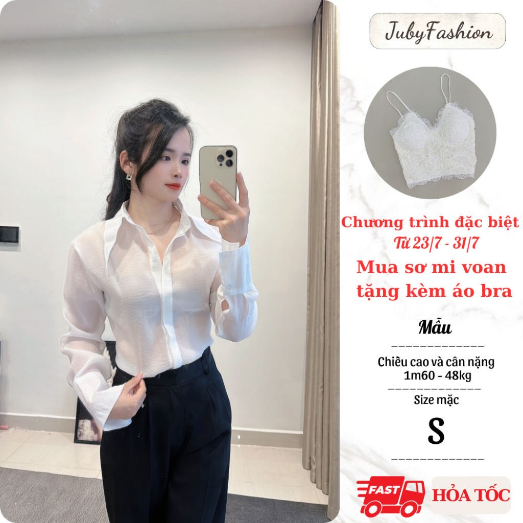 Áo sơ mi Voan Tơ Cổ Nhọn Basic ( Tặng kèm áo bra )