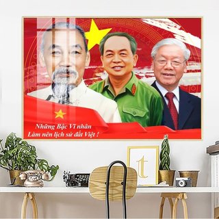 Tranh Bác Hồ Chí Minh - Bác Võ Nguyên Giáp - Bác Nguyễn Phú Trọng, tranh gỗ in tráng gương bọc viền