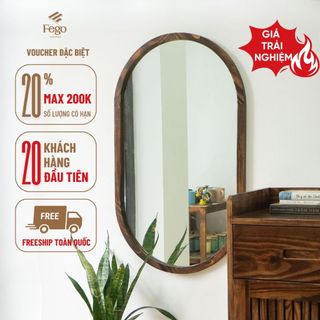 Gương bầu dục treo tường viền gỗ tự nhiên FEGO sang trọng để phòng khách, nhà tắm, decor cửa hàng