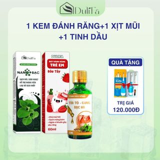 Combo 1 kem đánh răng cho bé nuốt được tạo bọt Dulifa 60ml, 1 xịt mũi tinh dầu 70ml, 1 tinh dầu thiên nhiên 50ml