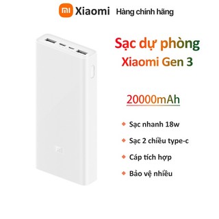 Pin sạc dự phòng Xiaomi gen 3 20000 mAh,Mi 18W Power Bank 3,Sạc Nhanh USB Type C