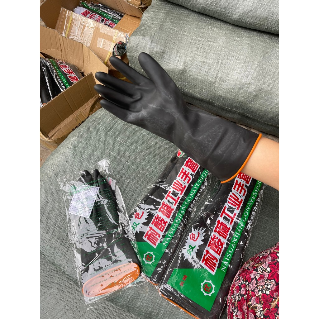 🧤 Găng Tay Cao Su Đen Chống Axit – Kiềm – Hóa Chất | Dài 35cm / 45cm / 55cm – Chịu Axit H₂SO₄ 96% & 