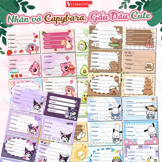 Nhãn vở capybara, gấu dâu, kuromi, pochacco họa tiết dễ thương - nhãn vở cute, nhãn tập dán tiện lợi