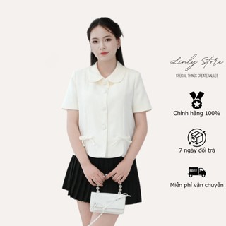 Áo vest nữ cổ sen phối nơ chất dạ text Linly Store