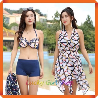 Bikini Kín Đáo Che Bụng Liền Thân 3 Mảnh Áo Ngực Gọng Mút (Kèm Áo Choàng Voan Cột Dây Cổ Yếm)- Lucky Girl shop NHA TRANG