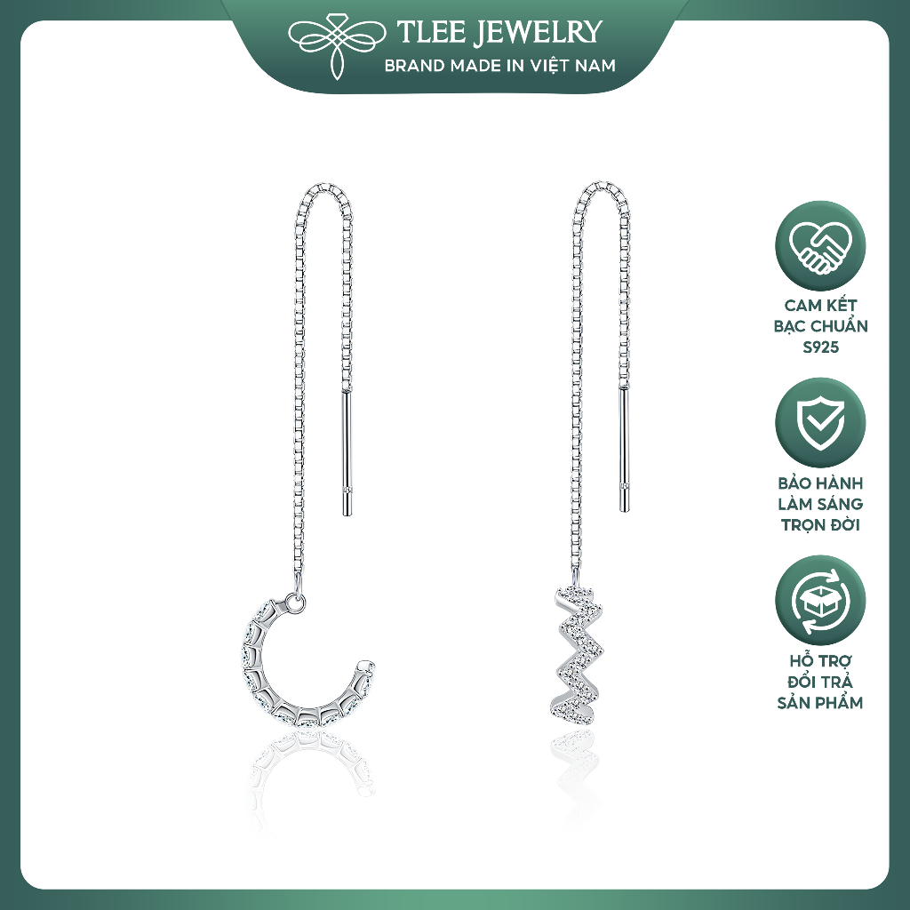 Khuyên tai bạc nữ TLEE dáng kẹp ziczac nạm đá tua dài nữ tính TLEE JEWELRY B0202