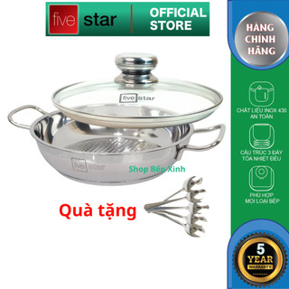 Chảo lẩu xào caro 3 đáy inox 430 Fivestar Standard nắp kính (24cm) L24-3DG , tặng 5 muỗng ăn , dùng được mọi bếp