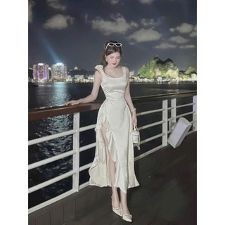 Đầm thời trang nữ mặc đi chơi đi tiệc chất satin cổ dây không tay phối hoa vai xẻ lai phối bèo dài maxi tôn dáng