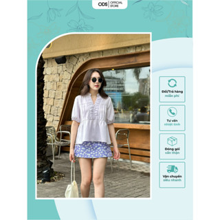Áo Babydoll Tím ODS thiết kế cổ trụ đính nút, nhún ngang dọc thân, xếp ly giữa thân, tay ngắn phồng trẻ trung - DV2