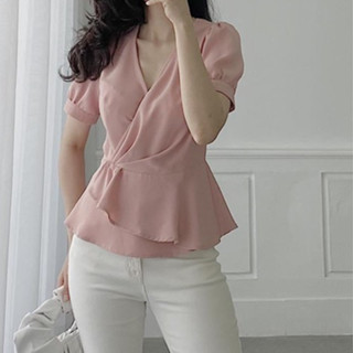 Áo sơ mi kểu dáng peplum công sở nữ HINSTORE áo dáng ôm cổ V xòe cộc tay 087