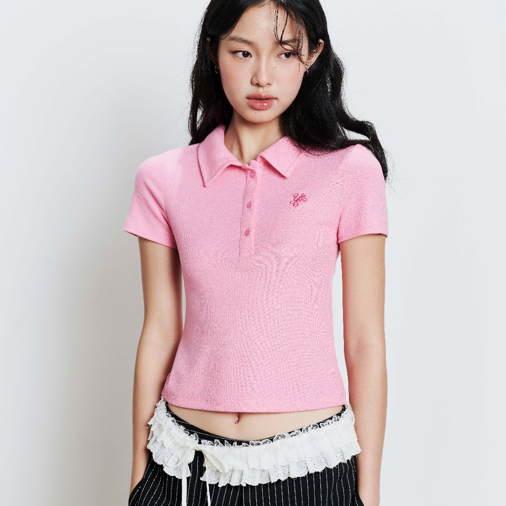 DOTTIE - Áo polo thêu chữ - Hồng - T0957