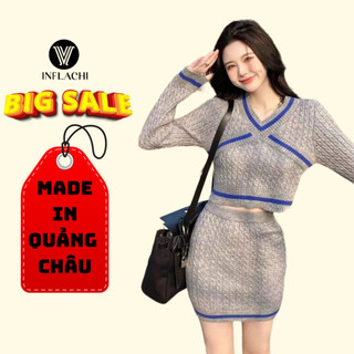 Set váy len nữ dài tay cổ V viền nổi bật áo croptop kèm chân váy ôm dáng ngắn Quảng Châu chất dày dặn vặn thừng S-28