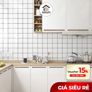 Decal dán bếp hoa văn gạch trắng tráng nhôm, giấy bóng dán bếp chống dính chịu nhiệt