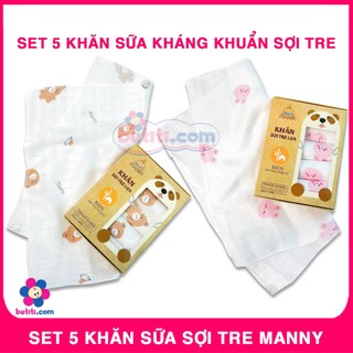 Set 5 khăn sữa sợi tre cho bé manny cao cấp, khăn sợi tre lau mặt, lau sữa sơ sinh kháng khuẩn, chống nấm mốc cho bé