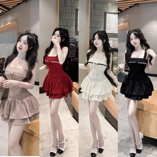 🛒 Đầm Hai Dây Bản To - Cổ Vuông Cột Nơ Phối Viền Ren - Ngắn Xòe Bèo Tầng Ôm Body Sexy Tiểu Thư Bánh Bèo Cute Sang Chảnh