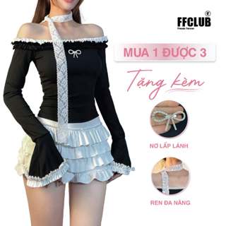 [MUA 1 ĐƯỢC 3 ]  Áo body nữ kiểu Trễ vai Tay Loe MINA Phong cách Coquette FFCLUB mix