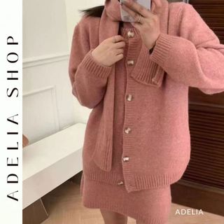 「adelia」set váy áo len 4 món gồm áo len ngắn tay + chân váy + áo cardigan + khăn len hàn quốc td356