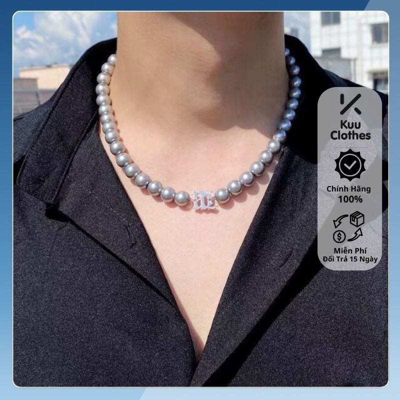 Vòng cổ ngọc trai đen dây chuyền nam nữ mặt dây mạ bạc hình chữ M thời trang Kuu Clothes - Vòng Cổ Ngọc Trai Gray