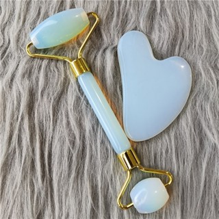 Bộ Đá Guasha Massage Mặt Giảm Nếp Nhăn + Cây Lăn Massage Nâng Cơ Bằng Đá Tự Nhiên Màu Trắng Xanh - Đá Mã Não Tự Nhiên