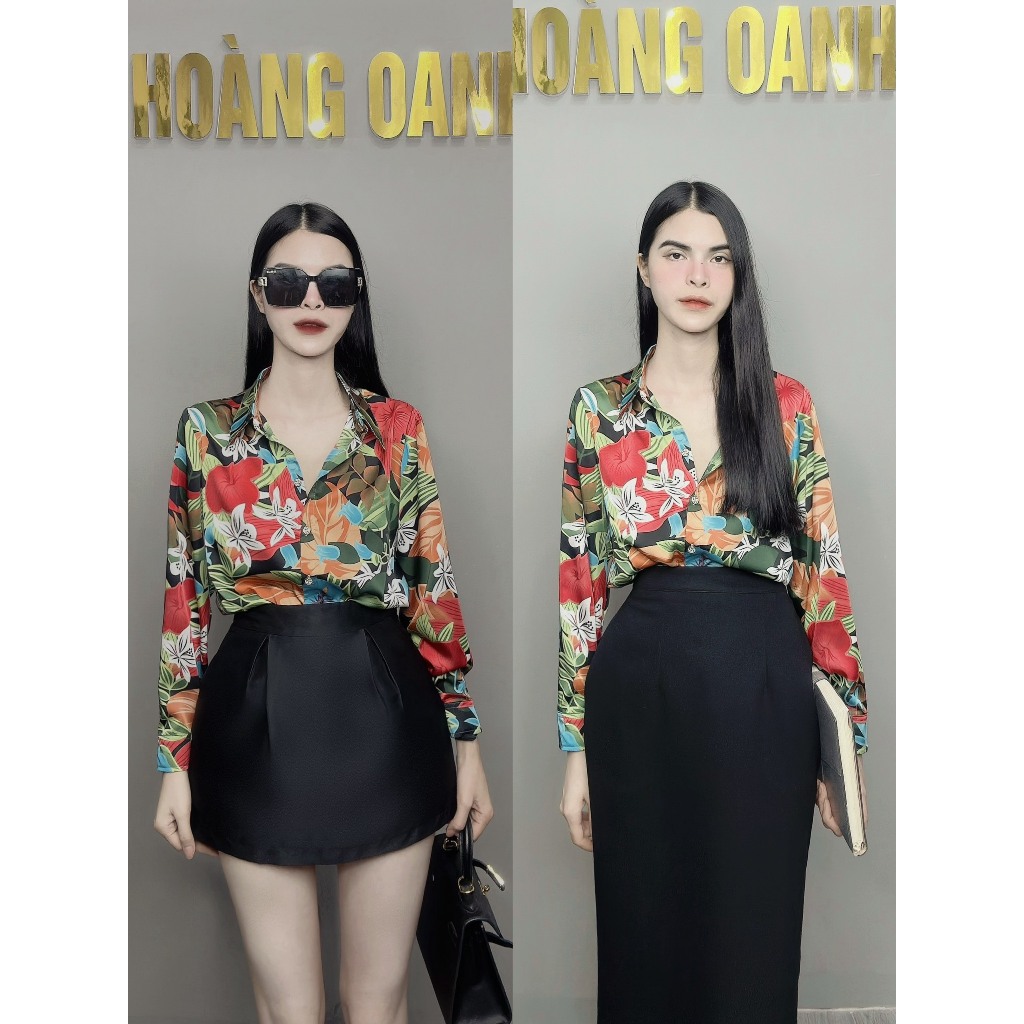 Áo sơ mi lụa dài tay họa tiết Sắc Hoa