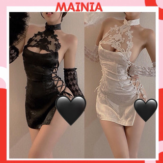 Đầm ngủ váy ngủ gấm kiểu sườn xám trung hoa xẻ tà cổ tàu phối ren mainia shop 2076