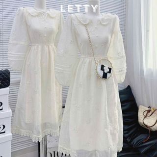 Đầm Ren Letty Midi thiết kế tay dài cổ bẻ vintage phối ren lụa tơ hàn 2 lớp màu trắng ngà siêu xinh