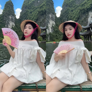 Áo váy babydoll trễ vai đính nơ vai dáng bí xoè 2 màu siêu xinh