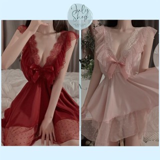 Đầm Ngủ Nữ, Váy Ngủ Nữ JULY Cánh Tiên Ren Phối Lưới Bi Dáng Ngắn Có Mút Đệm Lụa Latin Mát Mịn Freesie <55kg