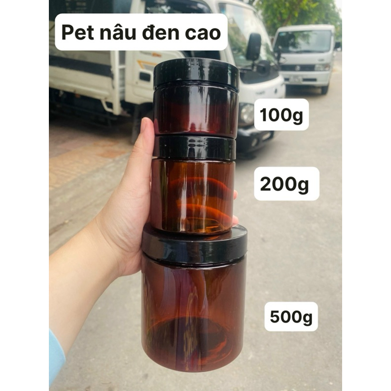 Hủ nhựa PET thân nâu nắp đen.
