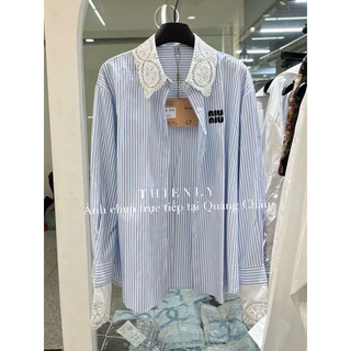 8755 áo sơ mi kẻ xanh phối ren miu