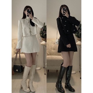 Set váy dạ Tweed viền sóng đính đá kèm chân váy chữ A của LANI
