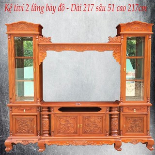 Kệ tivi 2 tầng bày đồ phòng khách gỗ hương dài 217,237cm
