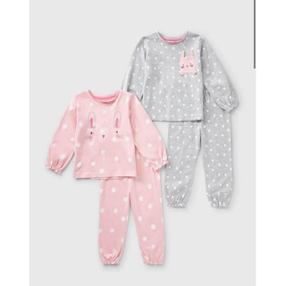 Set 2 bộ cotton dài tay bé gái thỏ hồng xám