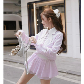 Set đồ nữ tiểu thư sang chảnh áo cổ nơ tay dài dáng ôm body phối quần giả váy ngắn xòe thiết kế đi chơi du lịch LONA