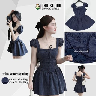 [HÀNG QUẢNG CHÂU] Váy/đầm cổ vuông kẻ nơ xanh than tay bồng CHIL Studio, đầm nữ dự tiệc,váy girl phố hot cổ vuông -TP145