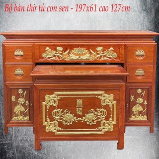 Bộ bàn thờ kèm bàn cơm trạm sen rát vàng gỗ hương dài 197cm
