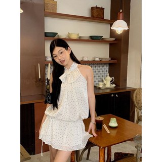 Triangle Limited Edition - Baby Ribbon Đầm chấm bi trắng đen dáng ngắn Hàn Quốc thanh lịch với nơ bản to