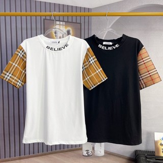Áo thun nam nữ cổ tròn phối chữ BELIEVE thun cotton kẻ sọc caro phong cách thời trang cao cấp