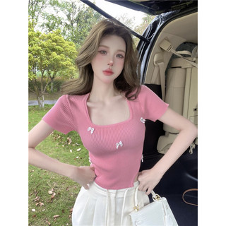 Áo thun cổ vuông đính lơ xinh đẹp bg