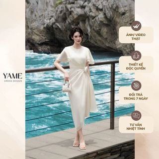 Váy nữ dáng dài rủ xếp ly sườn đính hoa trang trí tay bèo hai lớp vải tơ ánh YAME YV397