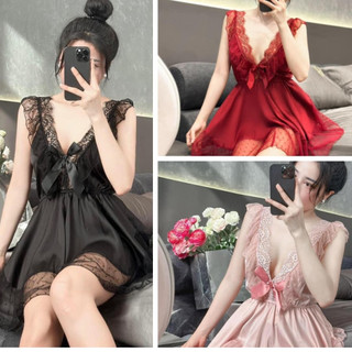 Đầm váy Ngủ Ngắn Phối Lưới Bi Xinh Xắn Có Mút Ngực Chất Lụa Latin Mềm Mịn Free Size 40-55kg