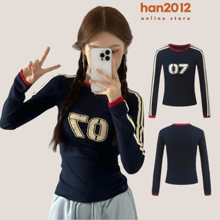 Áo Thun Ôm Body Tay Dài Kẻ Sọc Cổ Tròn Dáng Slim Fit In Số 07 Phong Cách Hot Girl Retro Thể Thao Mùa Thu Đông 2024