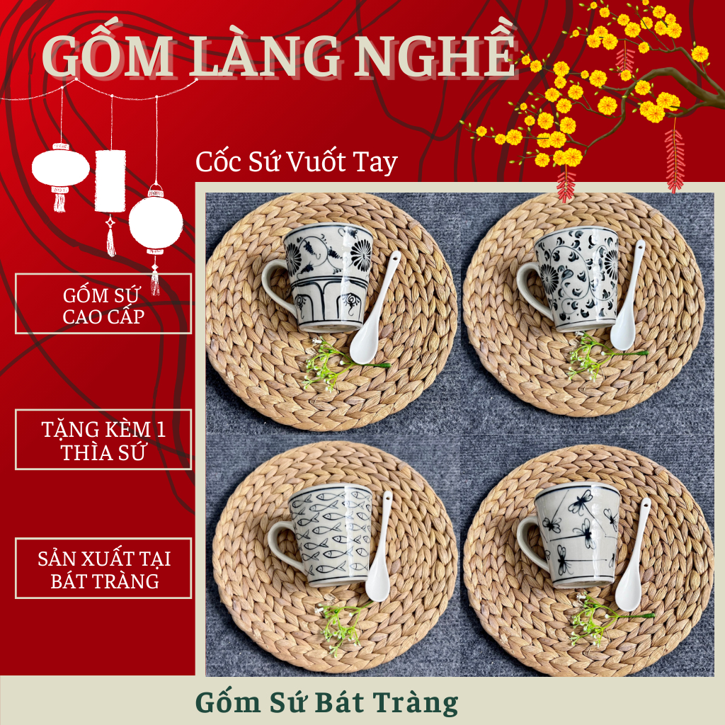Cốc Sứ Vuốt Tay Vẽ Thủ Công Sản Xuất Tại Bát Tràng- Cốc Sứ Uống Cafe, Ly Cafe H8,5-M8-250ml