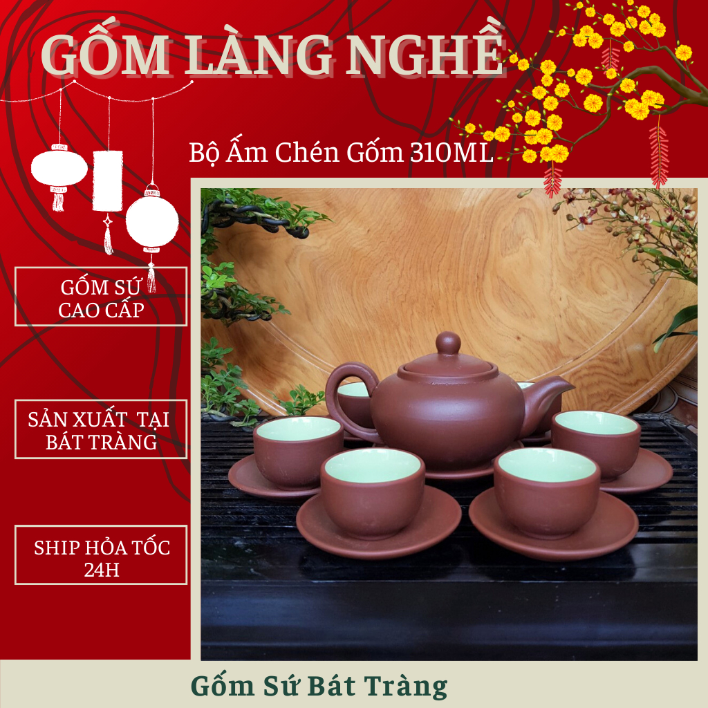 Bộ ấm chén uống trà cao cấp , bộ ấm trà Bát Tràng - Bộ ấm chén nâu đất trơn 310ml ( 1 ấm, 6 chén, 7 