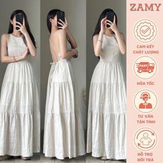 Váy đầm nữ, váy yếm dáng dài hở lưng buộc dây chất Linen cao cấp Zamy thiết kế đi chơi, đi biển