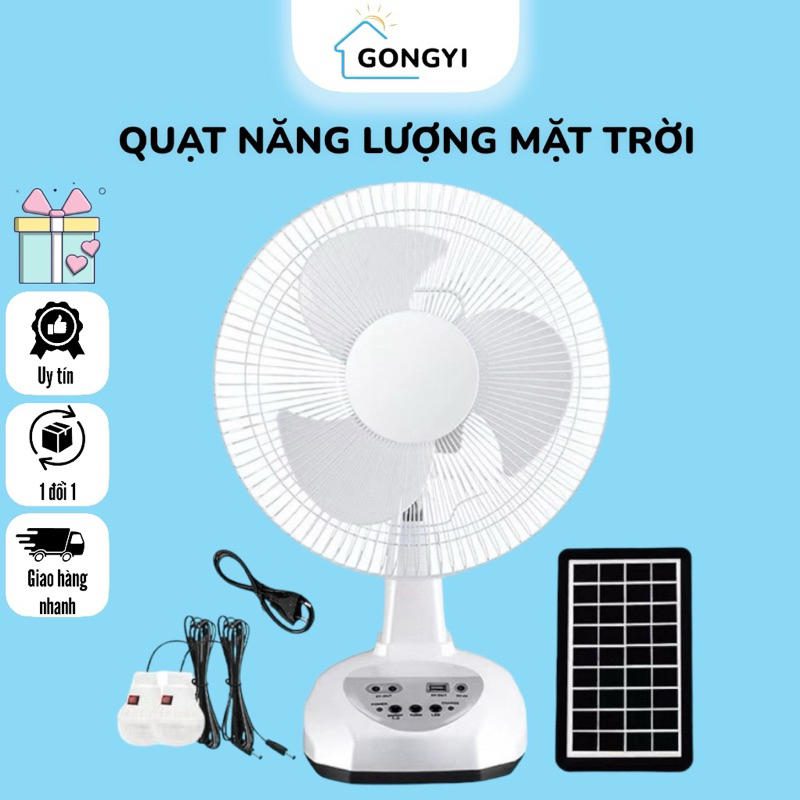 Quạt Năng Lượng Mặt Trời GongYi Quạt Tích Điện Dùng 8-10h Để Bàn Đèn Led Cổng Sạc Siêu Mát Kèm 2 Bóng Đèn